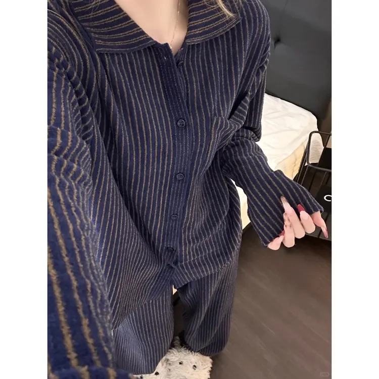 韩系高级感撞色条纹德绒睡衣女春秋新款柔软舒适家居服套装可外穿