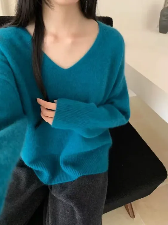 韩系软糯v领针织衫春秋软糯慵懒毛衣2025新款打底衫宽松长袖上衣