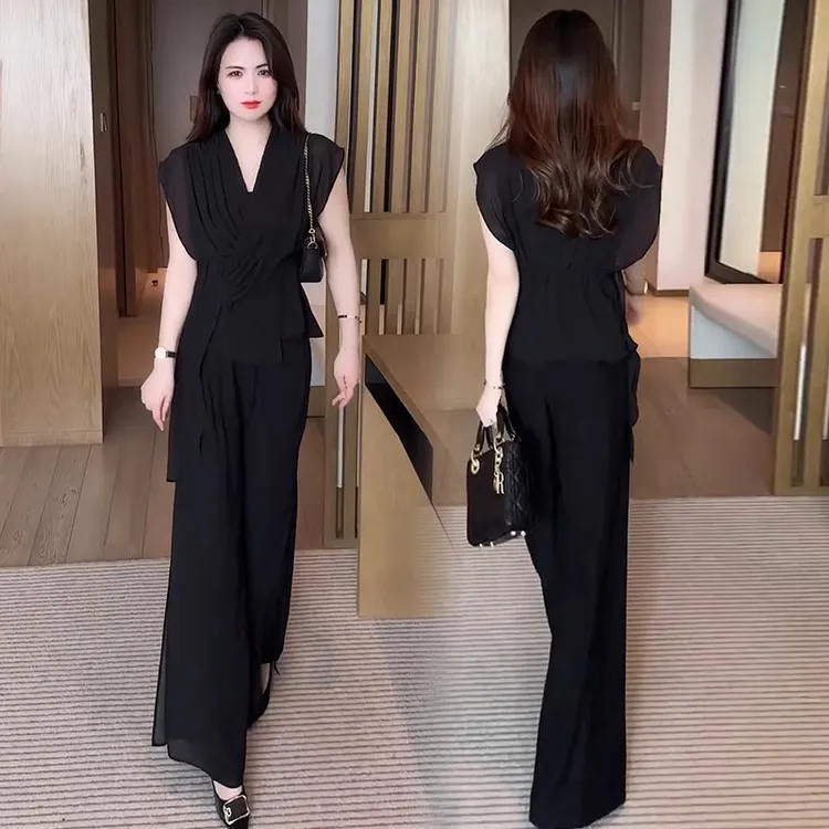 v领套装两件套2025夏季新款高级感气质显瘦雪纺衬衫阔腿裤两件套