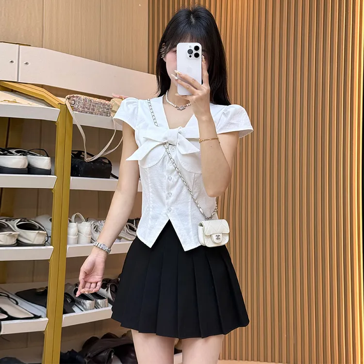 夏季短袖衬衫显瘦女装泡泡袖休闲风修身时尚法式