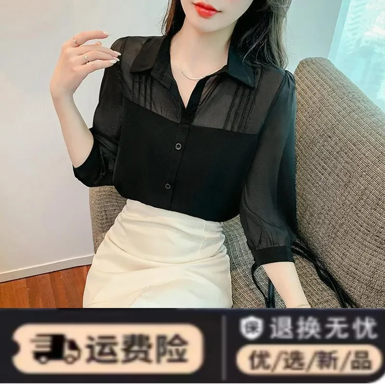 七分袖小众女衬衫别致洋气拼接白色时尚设计感上衣雪纺春夏季