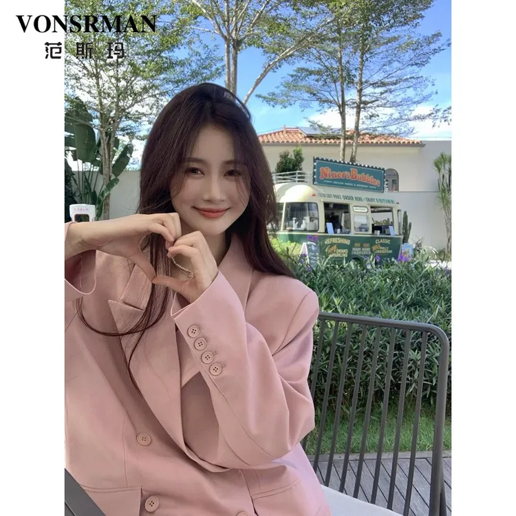 粉色小西装外套女2025秋冬新款时尚流行小个子气质百搭休闲设计感