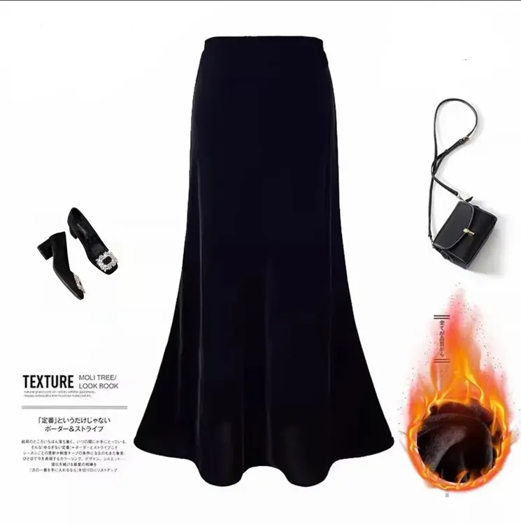 (不粘毛)大码赫本风醋酸加绒加厚丝绒高腰A字鱼尾半裙百搭气质