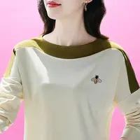 常规款刺绣女印花长袖宽松型T恤拼色休闲打底衫拼接