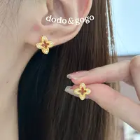 DODOGOGO 合金合成锆石耳饰 镂空拉丝四叶花耳钉气质轻奢百搭耳环