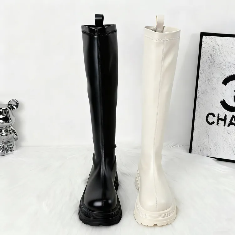 增高5cm 白色平口长筒靴女2025秋冬爆款小个子厚底增高显瘦骑士靴