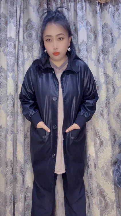 中板型混合皮衣黑色宽松长袖方领连帽时尚中长款欧美风百搭休闲