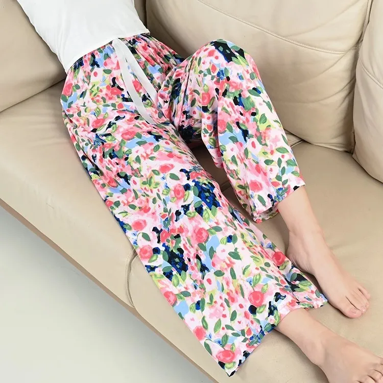 棉绸睡裤夏季宽松大码阔腿裤家居裤可外穿人造棉沙滩裤显腿长神裤