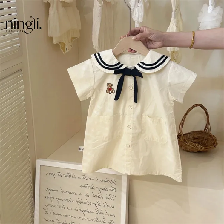 2025夏季学院风小熊海军风连衣裙宝宝洋气娃娃领公主裙潮女童夏装
