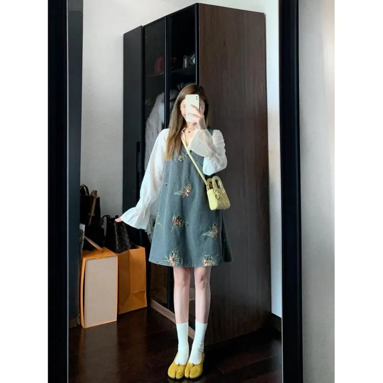 韩系穿搭套装立体花朵衬衫女秋季重工刺绣牛仔连衣裙甜美风两件套