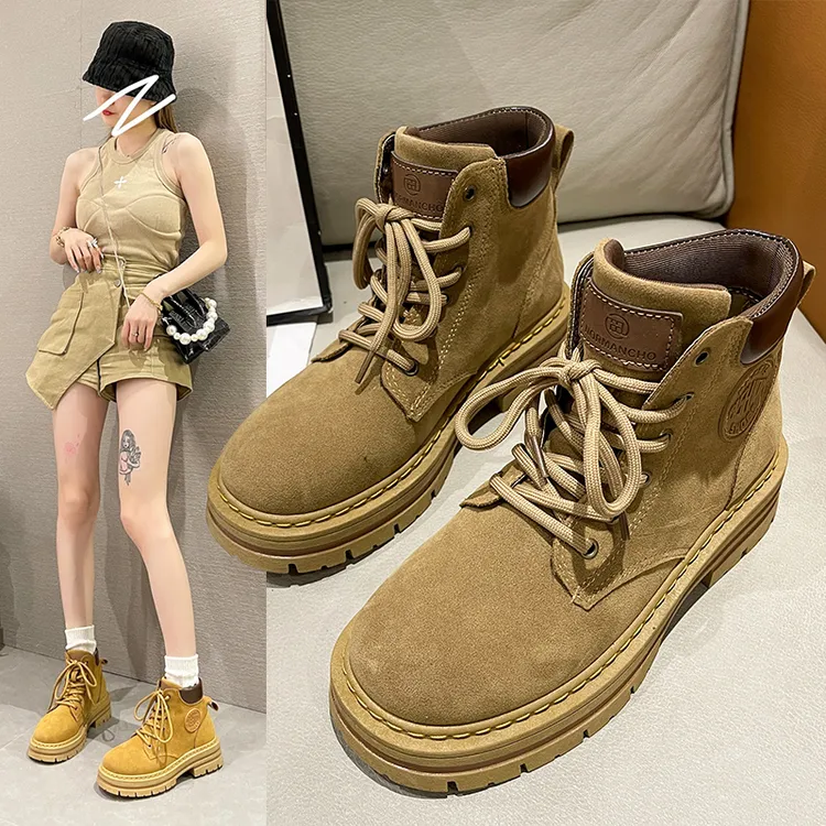 马丁靴2024新款英伦风增高大黄靴女款防滑系带机车靴子