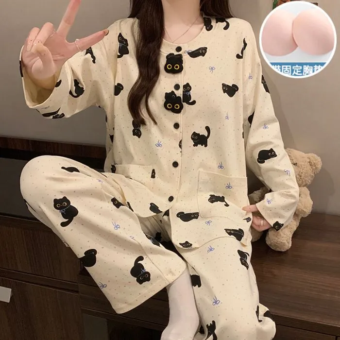 【带胸垫一体】小猫睡衣女款春秋季卡通可爱甜美长时尚大码睡衣套装