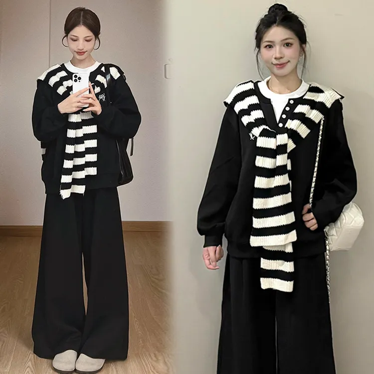 2025早秋盐系孕妇三件套女初秋黑色小衫阔腿裤黑白条纹披肩套装