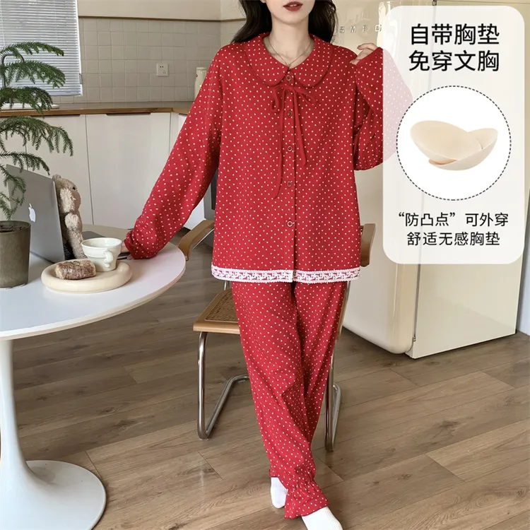2025新款带胸垫睡衣女春秋季长袖甜美可爱少女家居服大红喜庆套装