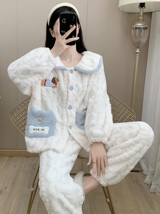 秋冬新款女士潮流休闲时尚珊瑚绒睡衣开衫甜美可爱保暖家居服套装