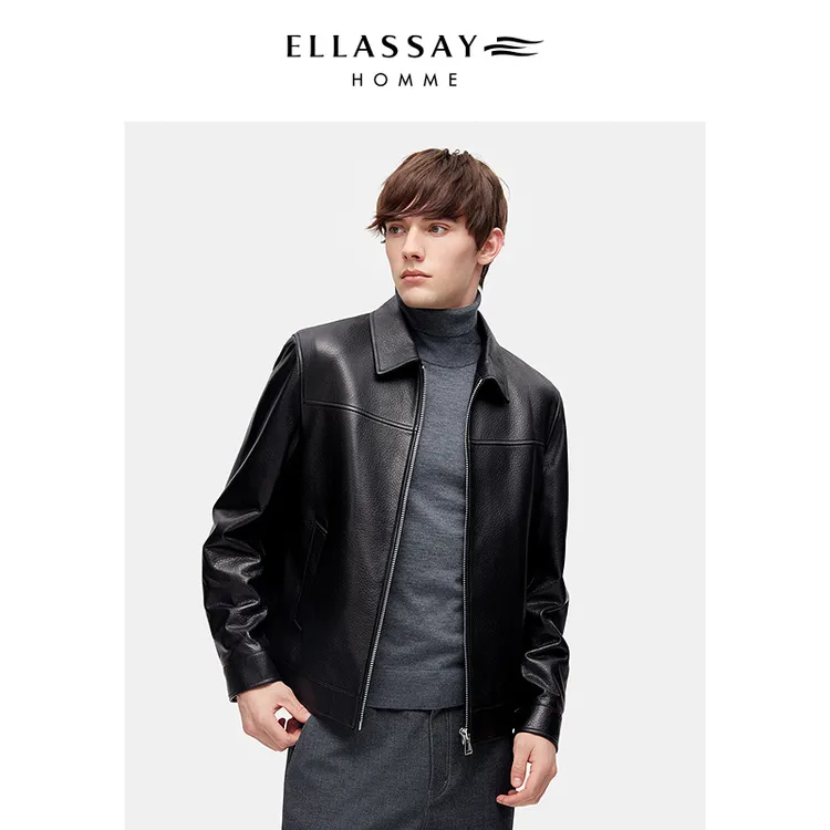 【100%羊皮革】ELLASSAY歌力思男装25冬季新款褶皱纹理翻领夹克皮衣