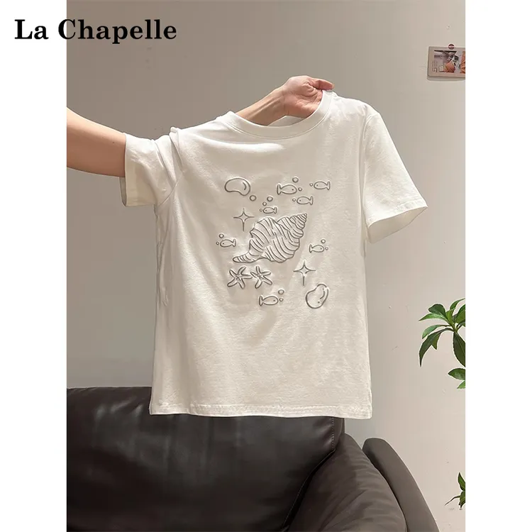 拉夏贝尔甜美圆领正肩立体印花短袖t恤女夏季2025年新款宽松上衣