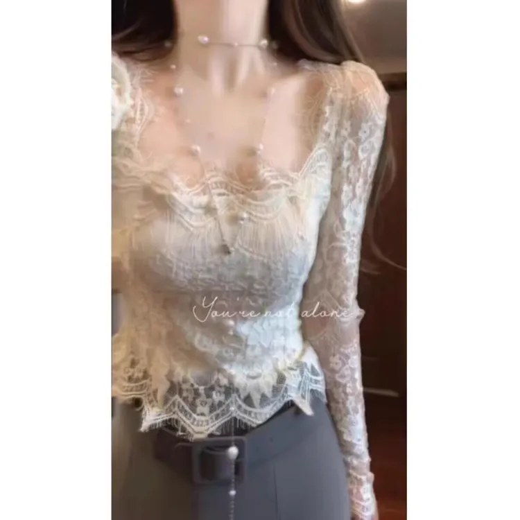 纯欲辣妹性感方领蕾丝上衣女春季新款内搭外穿修身显瘦长袖