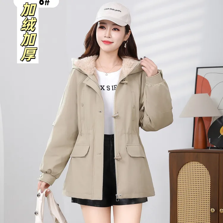 加绒加厚外套女2025秋季新款韩版时尚宽松显瘦连帽女士风衣中长款