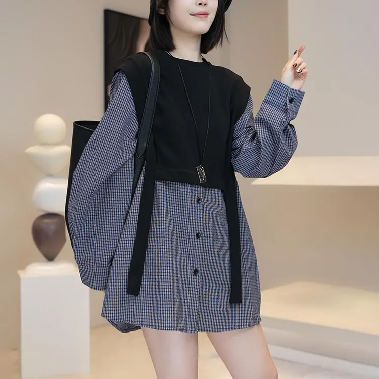 韩国高级感假两件格子衬衫裙2025早春秋新款质韩版显瘦时尚休闲女