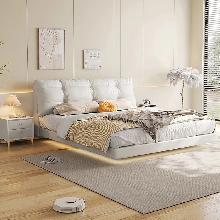 轻奢简约双人主卧北欧极简意式云朵白色落地创意皮艺床悬浮皮床