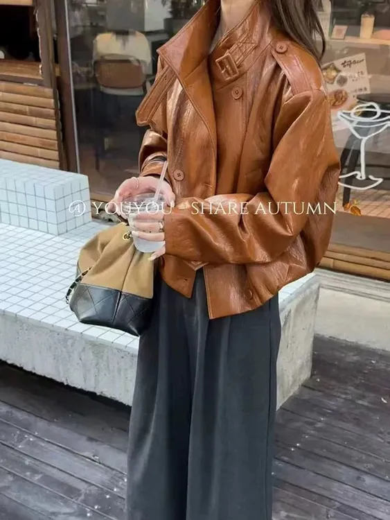 高级感复古立领油蜡皮双排皮衣短外套女2025秋季新款设计感外套30