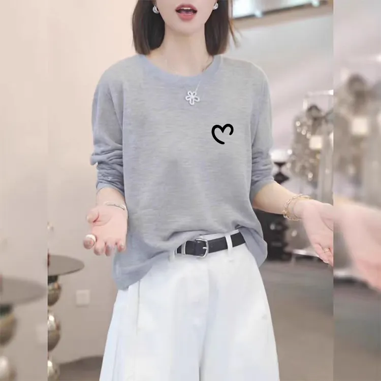 夏季韩版简约宽松显瘦印花长袖T恤女设计感小众雪花棉圆领上衣ins