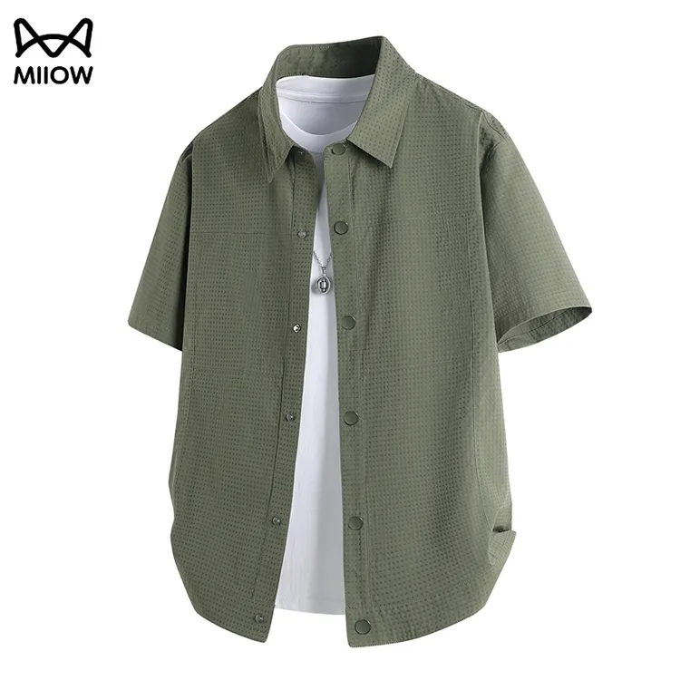 猫人美式纯色衬衫男夏季简约百搭痞帅衬衣大码潮牌泡泡纱上衣外套