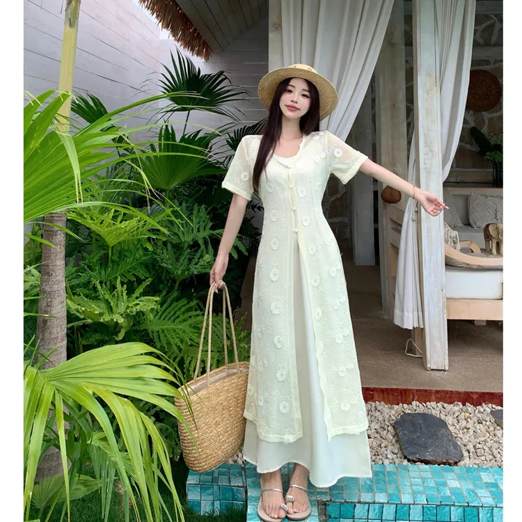 大码温柔风慵懒气质镂空罩衫吊带连衣裙仙气绝美叠穿法式气质穿搭