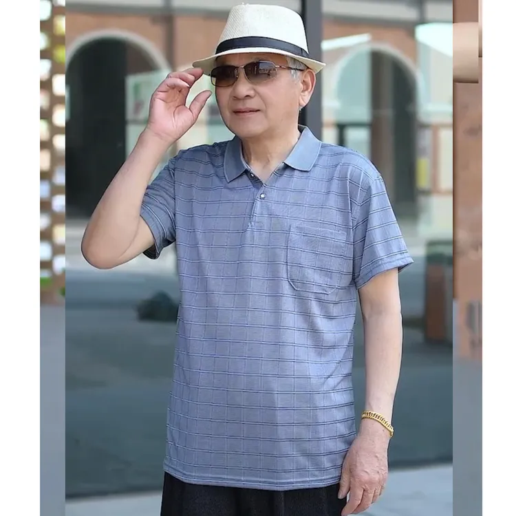 夏季薄款中老年短袖T恤宽松翻领老年人爷爷父亲半袖上衣老头衫
