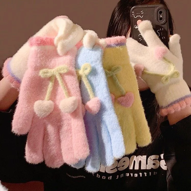 简约郁金香毛绒针织五指手套女冬季保暖骑行出游御寒防冻露指触屏