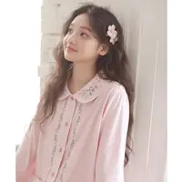 秋冬纯棉女士睡衣简约刺绣针织翻领翻领休闲长裤家居服套装258568