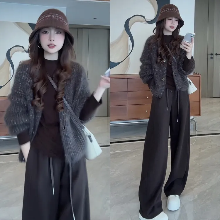 2025秋季简约长袖纯色打底衫T恤针织毛衣外套开衫显瘦休闲裤套装