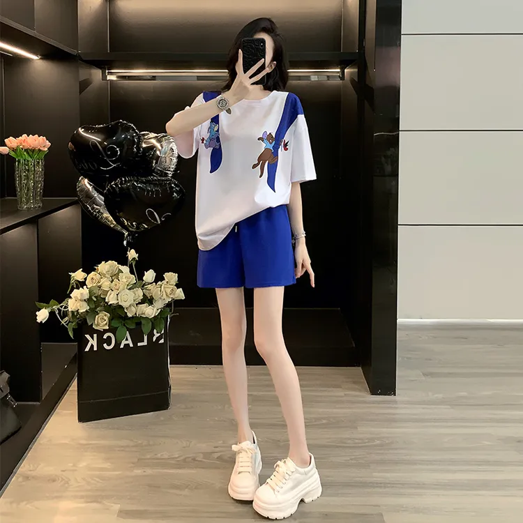 夏季卡通休闲风短袖短裤大码时尚休闲运动套装女圆领宽松显瘦洋气