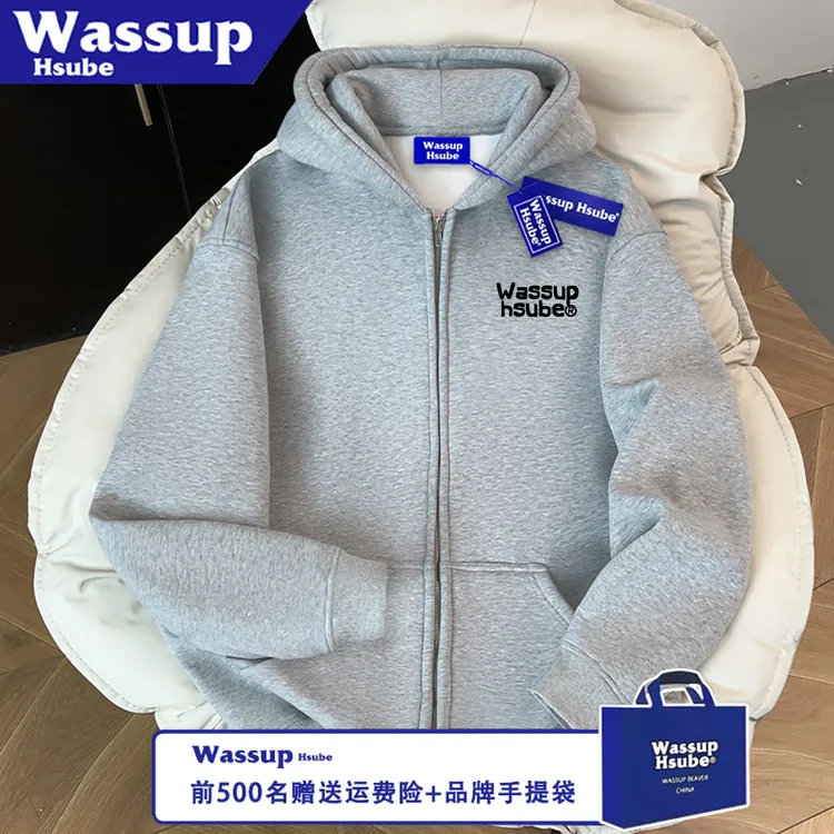 WASSUP HSUBE潮流印花情侣简约字母拉链长袖宽松秋冬连帽休闲上衣