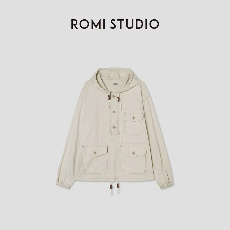 ROMI STUDIO“美式假日”竹节棉肌理纹路洗水抽绳连帽卫衣 431V6023