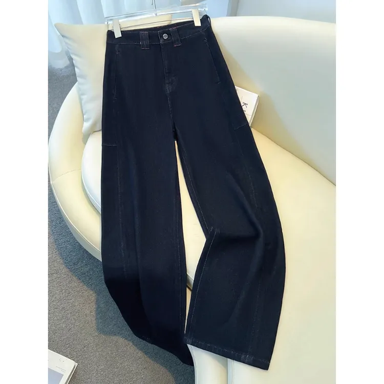 拉夏贝尔美式复古窄版阔腿裤牛仔裤女春秋2025宽松拖地弯刀直筒裤