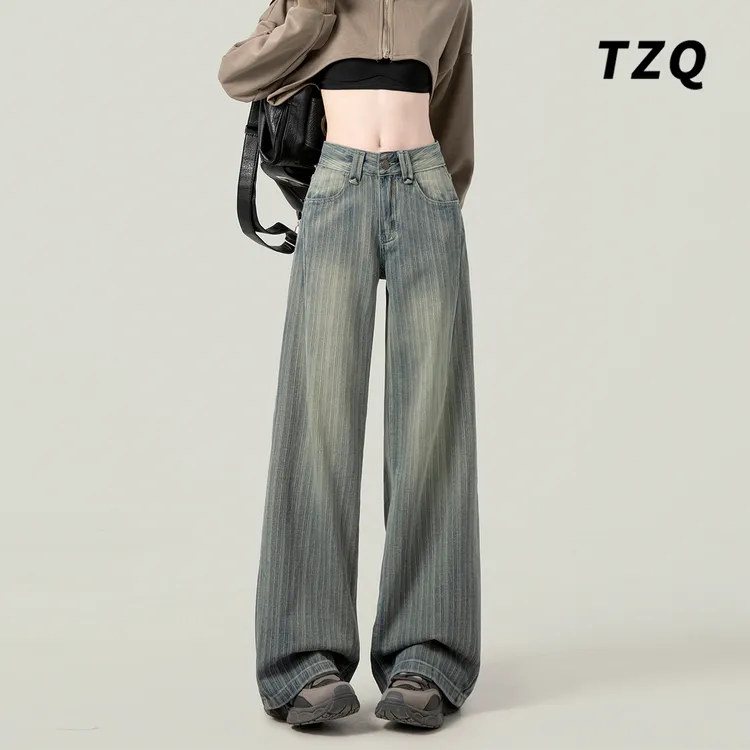 复古条纹牛仔裤2025通勤女冬加绒显瘦不贴腿直筒拖地裤TZQ72967