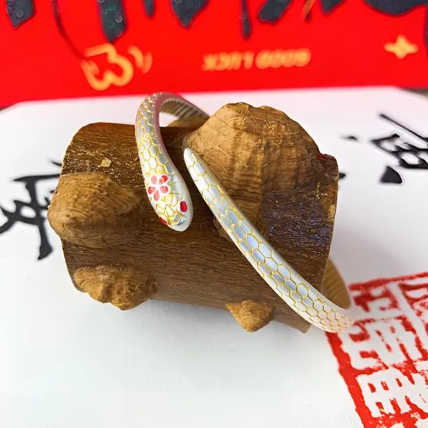 足银手镯 桃花灵蛇手镯足银9999珐琅描金时尚古风精美27.7克