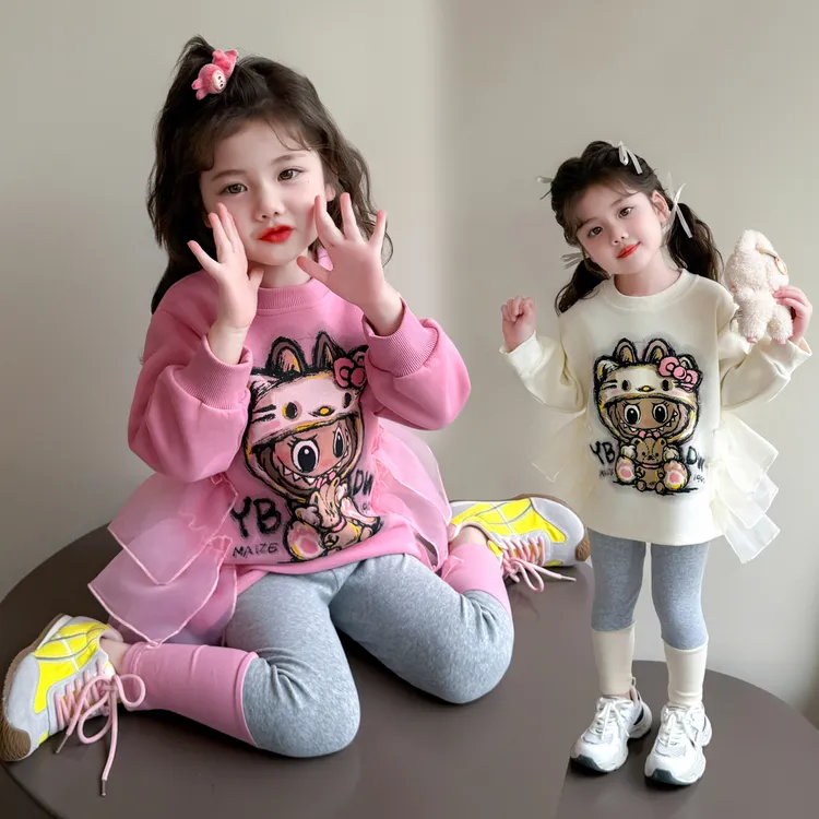 2025新款女童卡通休闲套装女小童宝宝春秋卡通长袖打底裤两件套潮