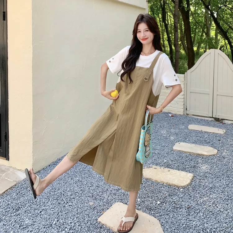 宽松显瘦夏季小个子假两件拼接撞色中长款减龄设计感韩版连衣裙