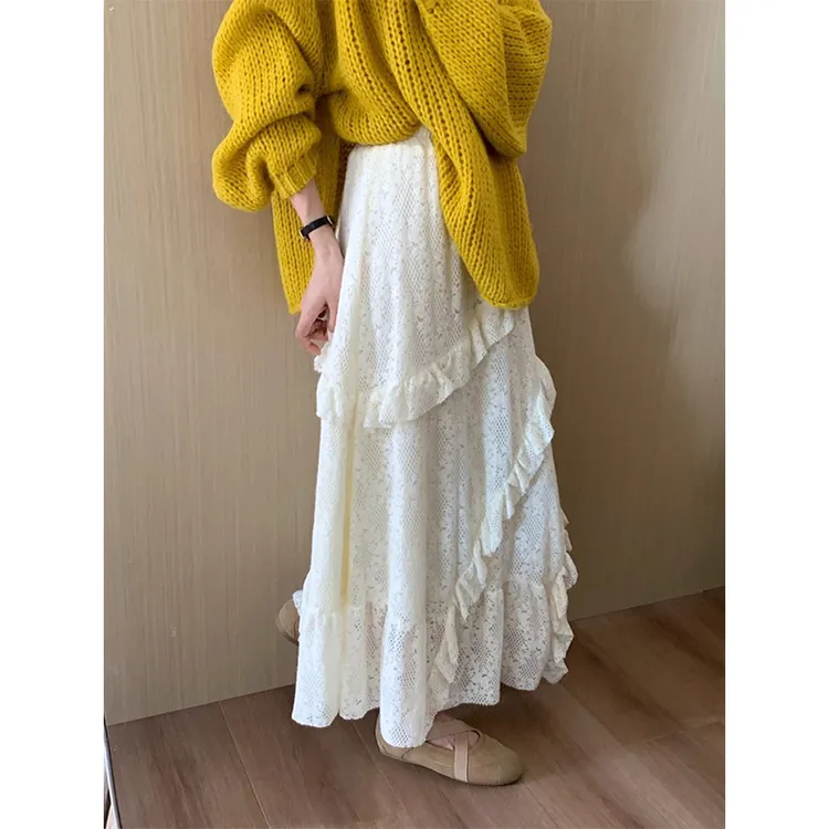 甜美宽松荷叶边磨毛松紧半身裙女2025秋季新款高弹百搭气质蕾丝裙
