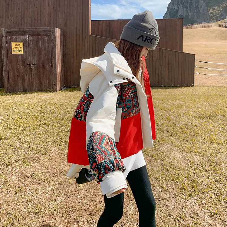 国风撞色羽绒服女2025冬季新款民族风连帽90白鸭绒小个子保暖外套