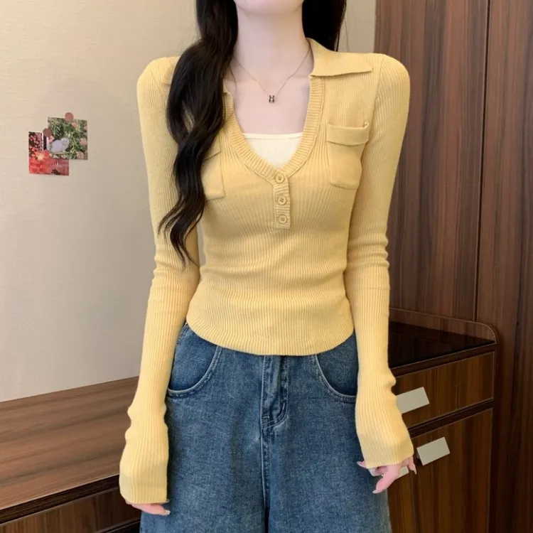 法式别致减龄假两件撞色长袖毛衣打底衫女秋冬季穿搭洋气针织上衣