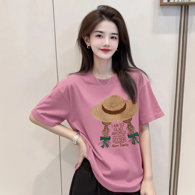 【草帽姑娘】纯棉高品质大版短袖T恤 印花宽松休闲时尚纯棉A