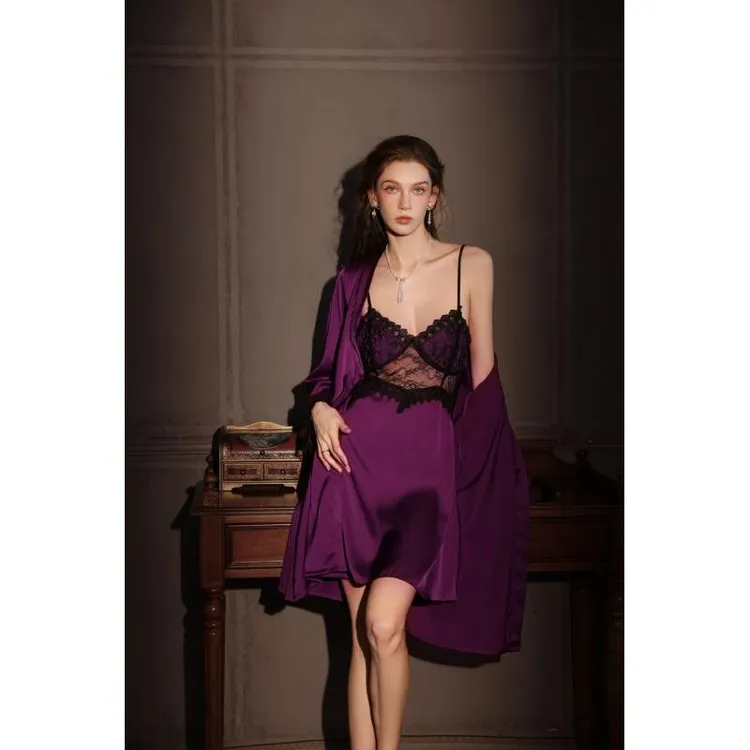 性感睡衣女蕾丝美带胸垫吊带睡裙两件套家居服