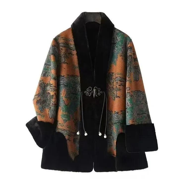 妈妈秋冬装国风皮毛一体外套女洋气中老年双面穿大衣