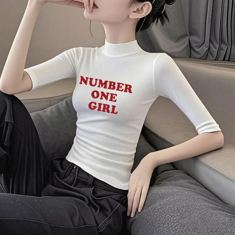 莫代尔半高领中袖t恤女2025初秋新款轻薄设计感五分袖打底上衣服