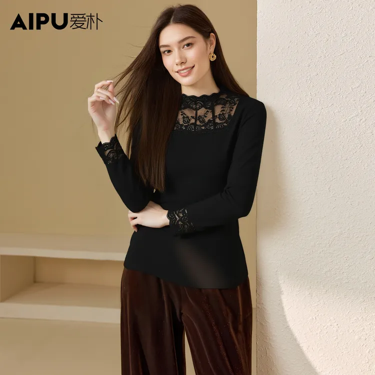 爱朴品牌大码女装冬季新款洋气时尚显瘦欧若风百搭蕾丝底衫21893