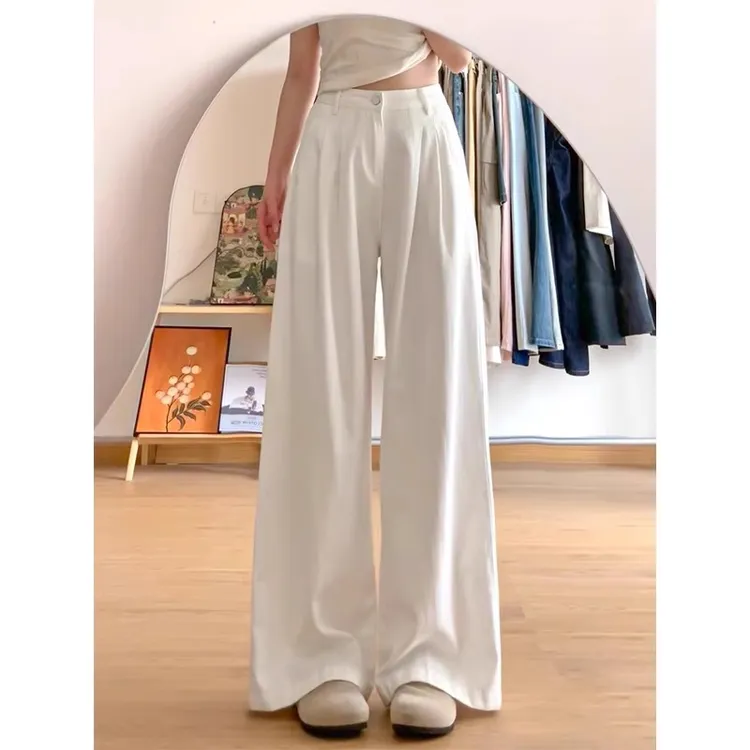 白色棉麻西装阔腿裤女夏季2025薄款直筒高腰垂感宽松显瘦休闲裤子